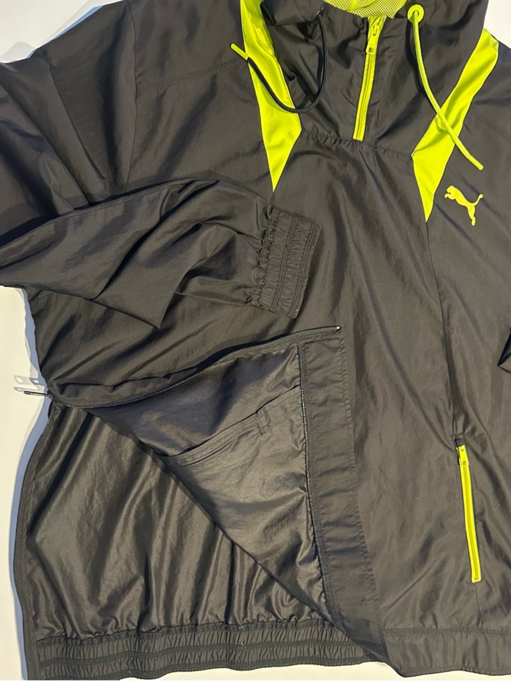 Puma Jacket Mens XXL Black Yellow Anorak Running Windbreaker Half Zip Pullover